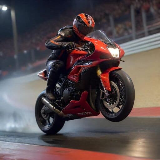 One motorcyclist rides fast in a competition. the background is blurred. red and black color. image size 1015*1355 px