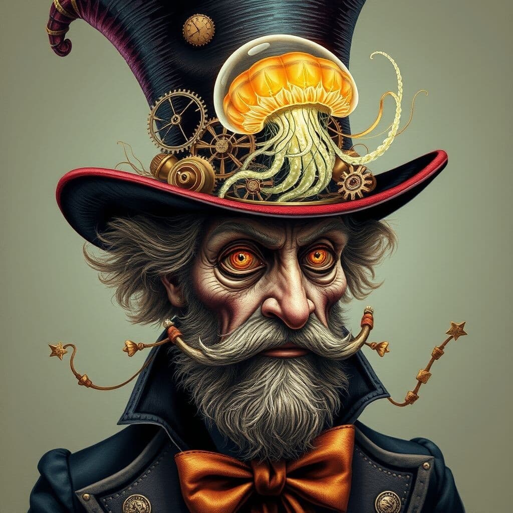 (Masterpiece:.1.8, Oil Painting: 1.5, Ultra Detail:1.5, digital art:1.2). 
(Portrait close-up (the Mad Hatter in the fantastic mad hat)): (gears), (clockwork:1.5), (brass pipes:1.3), (distilling cube:1.4), saucers and miniature (samovars), and (other mechanisms and parts:1.3). (As a plume on the hat a large (glowing with mystical light jellyfish:1.5))).
Bright colours, high resolution. Clearly drawn textures, (paint strokes:1.3).
Style: surrealism, mysticism, dark surrealism.
Magical atmosphere, serenity, elaborate details, hyper-realistic, beautiful, magical, fantasy art, with a fabulously beautiful, mystical feeling of wonder and magic, diffused light, best quality, high resolution. HDR, 16K.