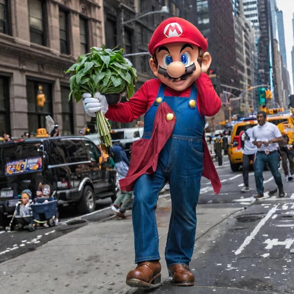 A huge  Uncle Mario walks around New York and at home he raises