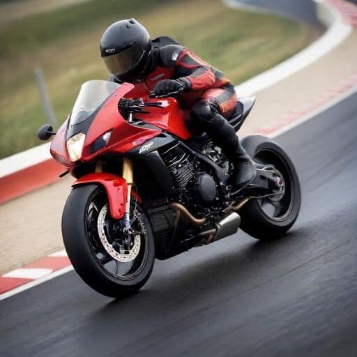 One motorcyclist rides fast in a competition. outdoors. the background is blurred. the color is red and black. The image size is 1015*1355 pixels