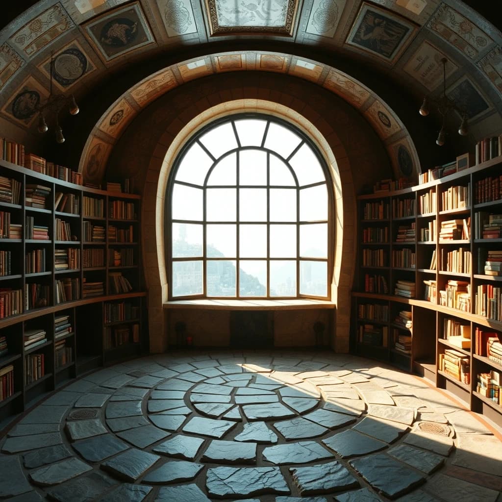 комната мага, круговая, без окон, стеллажи из книг, по середине каменный пол