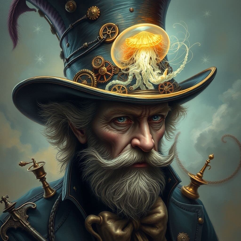 (Masterpiece:.1.8, Oil Painting: 1.5, Ultra Detail:1.5, digital art:1.2). 
(Portrait close-up (the Mad Hatter in the fantastic mad hat)): (gears), (clockwork:1.5), (brass pipes:1.3), (distilling cube:1.4), saucers and miniature (samovars), and (other mechanisms and parts:1.3). (As a plume on the hat a large (glowing with mystical light jellyfish:1.5))).
Bright colours, high resolution. Clearly drawn textures, (paint strokes:1.3).
Style: surrealism, mysticism, dark surrealism.
Magical atmosphere, serenity, elaborate details, hyper-realistic, beautiful, magical, fantasy art, with a fabulously beautiful, mystical feeling of wonder and magic, diffused light, best quality, high resolution. HDR, 16K.