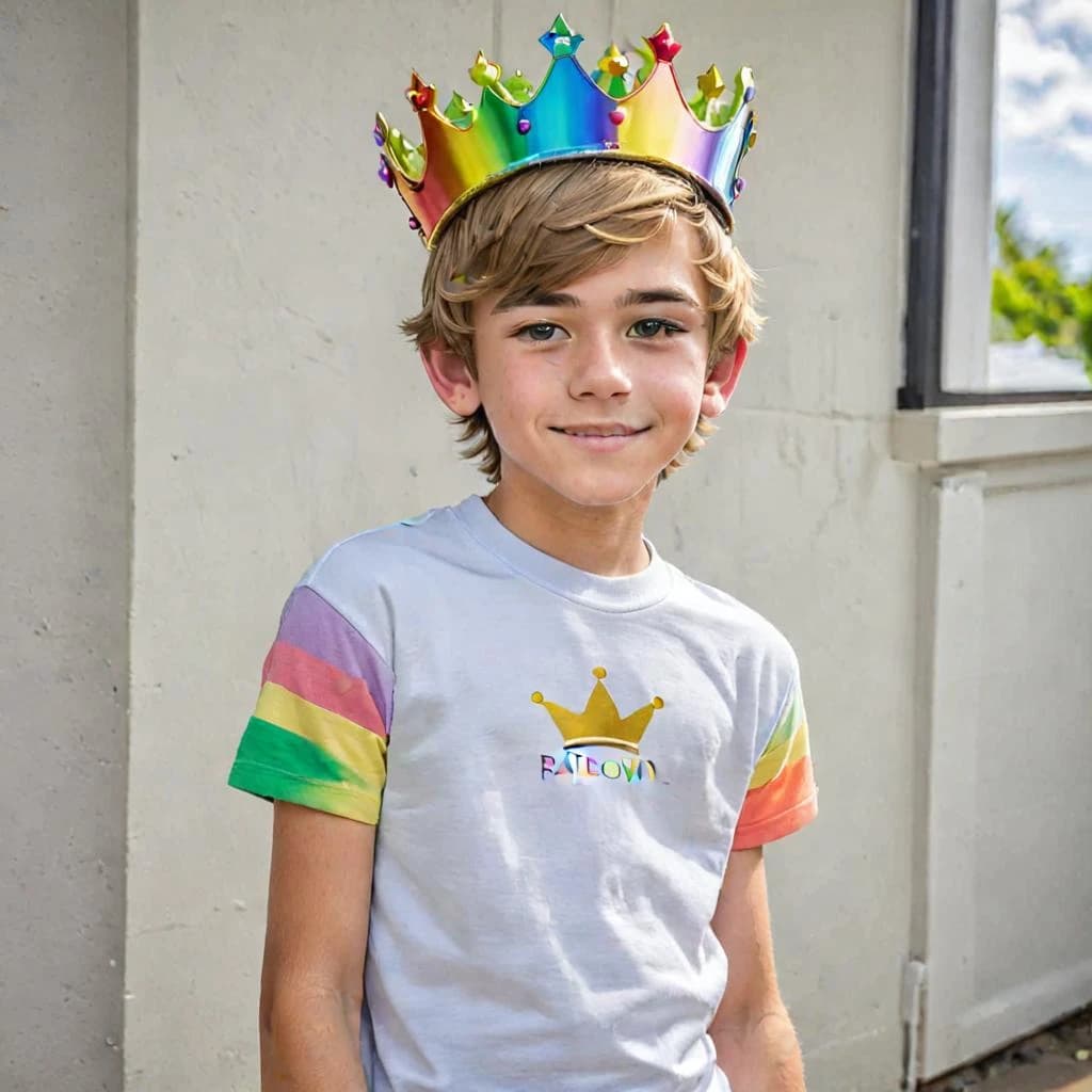 Drawing of a teenage boy with a crown in a rainbow T-shirt