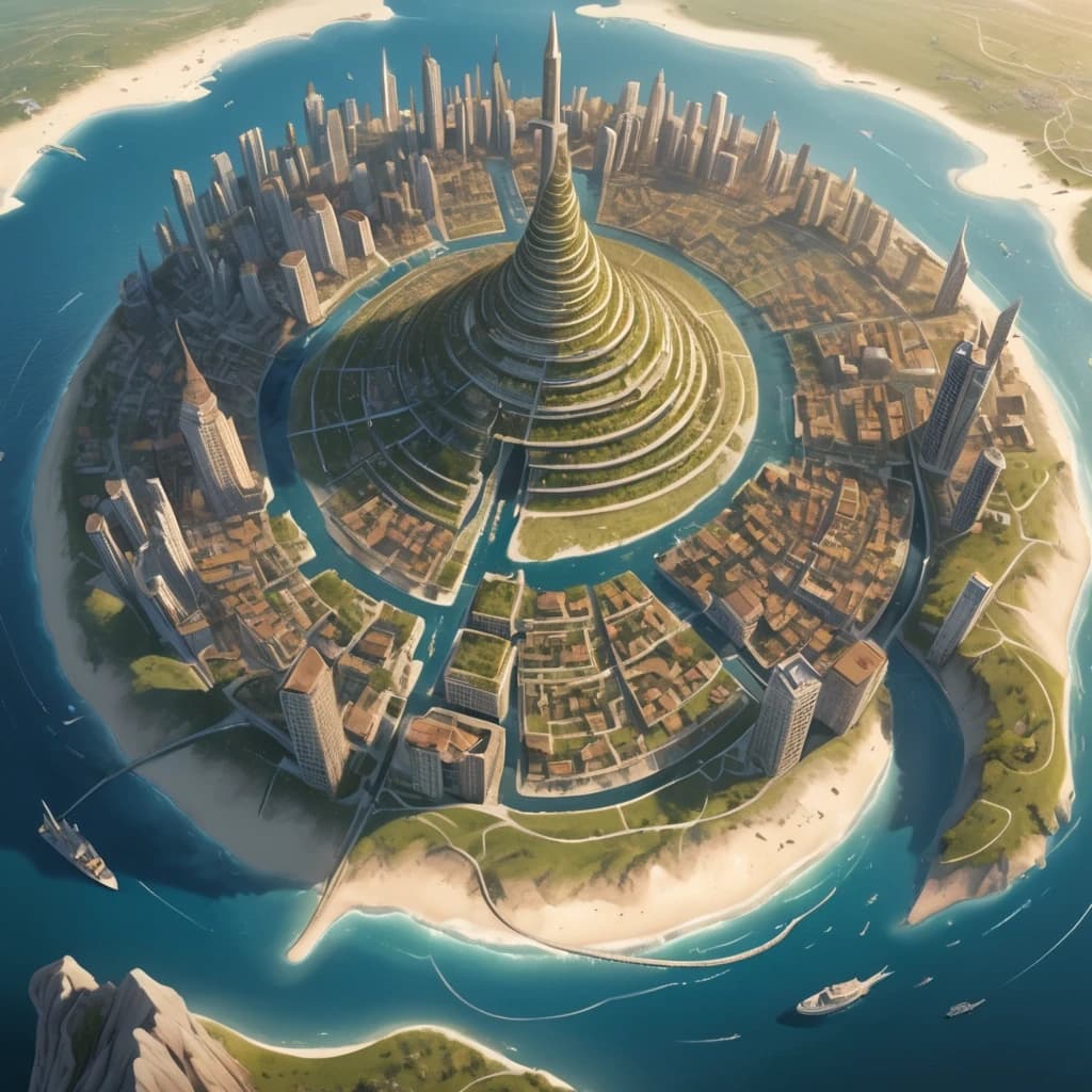 Основная сцена:
A majestic spiral city-island, aerial view, intricate map style. The city is built on a conical mountain, surrounded by a vast, flat sandy coastal plain. The streets form a dense, tangled network, spiraling from the peak down to the fields below.
Похож на Мон-Сен-Мишель.
Описание ярусов (сверху вниз):

Верхний ярус (Пик):
At the very top, a Crown District: a complex of ancient churches, temples, and chapels that resemble a huge, ornate carved crown. Stone architecture, spires.

Средний ярус:
Below it, the Upper City: a picturesque district with elegant houses with stucco decorations and colorful stained glass windows. Stone mansions with courtyards and gardens. Bustling, abundant marketplaces. Universities. Opulent and vibrant.

Нижний ярус (У подножия горы):
At the bottom, the Lower City: a chaotic district of slums with rotten, bald roofs. Ramshackle houses, greasy taverns, slippery fish markets, sooty chapels. The houses descend to the water's edge, where laundresses wash clothes, talk, and sing.

Внешнее кольцо:
Surrounding the city walls: vast expanses of fields, gardens, and peasant huts. A noisy port with ships in docks, sailors, and port workers. A causeway with carts and merchants leads to the city.

Ключевые стили и детали:
Fantasy art, detailed, epic scale, cinematic lighting, vibrant colors in the Upper City, muted and grim colors in the Lower City. By artists like Alan Lee and John Howe.