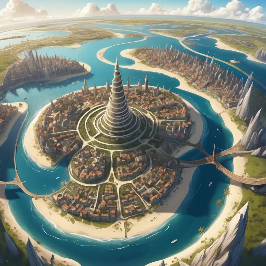 Основная сцена:
A majestic spiral city-island, aerial view, intricate map style. The city is built on a conical mountain, surrounded by a vast, flat sandy coastal plain. The streets form a dense, tangled network, spiraling from the peak down to the fields below.
Похож на Мон-Сен-Мишель.
Описание ярусов (сверху вниз):

Верхний ярус (Пик):
At the very top, a Crown District: a complex of ancient churches, temples, and chapels that resemble a huge, ornate carved crown. Stone architecture, spires.

Средний ярус:
Below it, the Upper City: a picturesque district with elegant houses with stucco decorations and colorful stained glass windows. Stone mansions with courtyards and gardens. Bustling, abundant marketplaces. Universities. Opulent and vibrant.

Нижний ярус (У подножия горы):
At the bottom, the Lower City: a chaotic district of slums with rotten, bald roofs. Ramshackle houses, greasy taverns, slippery fish markets, sooty chapels. The houses descend to the water's edge, where laundresses wash clothes, talk, and sing.

Внешнее кольцо:
Surrounding the city walls: vast expanses of fields, gardens, and peasant huts. A noisy port with ships in docks, sailors, and port workers. A causeway with carts and merchants leads to the city.

Ключевые стили и детали:
Fantasy art, detailed, epic scale, cinematic lighting, vibrant colors in the Upper City, muted and grim colors in the Lower City. By artists like Alan Lee and John Howe.