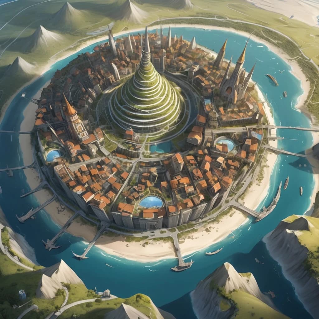 Основная сцена:
A majestic spiral city-island, aerial view, intricate map style. The city is built on a conical mountain, surrounded by a vast, flat sandy coastal plain. The streets form a dense, tangled network, spiraling from the peak down to the fields below.
Похож на Мон-Сен-Мишель.
Описание ярусов (сверху вниз):

Верхний ярус (Пик):
At the very top, a Crown District: a complex of ancient churches, temples, and chapels that resemble a huge, ornate carved crown. Stone architecture, spires.

Средний ярус:
Below it, the Upper City: a picturesque district with elegant houses with stucco decorations and colorful stained glass windows. Stone mansions with courtyards and gardens. Bustling, abundant marketplaces. Universities. Opulent and vibrant.

Нижний ярус (У подножия горы):
At the bottom, the Lower City: a chaotic district of slums with rotten, bald roofs. Ramshackle houses, greasy taverns, slippery fish markets, sooty chapels. The houses descend to the water's edge, where laundresses wash clothes, talk, and sing.

Внешнее кольцо:
Surrounding the city walls: vast expanses of fields, gardens, and peasant huts. A noisy port with ships in docks, sailors, and port workers. A causeway with carts and merchants leads to the city.

Ключевые стили и детали:
Fantasy art, detailed, epic scale, cinematic lighting, vibrant colors in the Upper City, muted and grim colors in the Lower City. By artists like Alan Lee and John Howe.