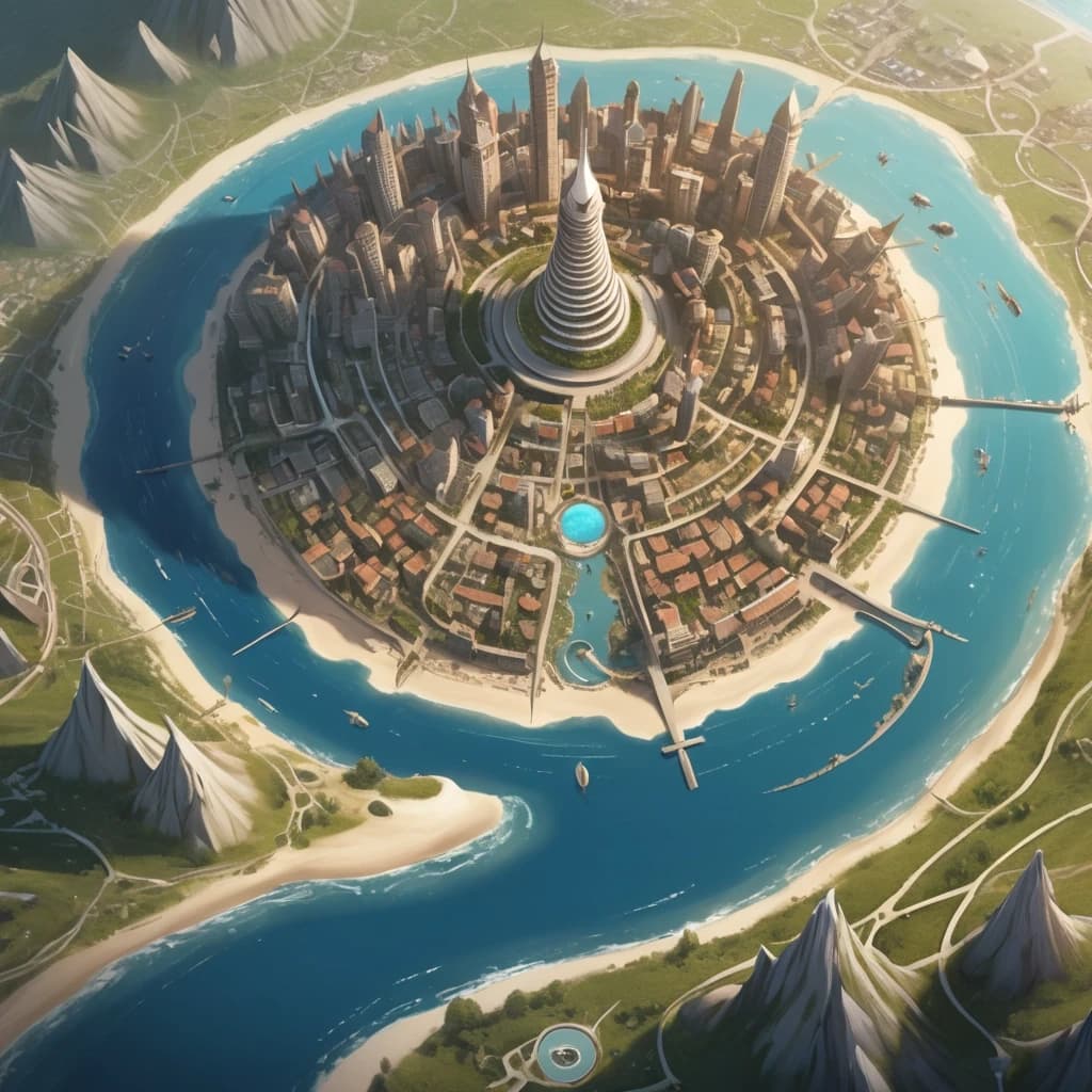 Основная сцена:
A majestic spiral city-island, aerial view, intricate map style. The city is built on a conical mountain, surrounded by a vast, flat sandy coastal plain. The streets form a dense, tangled network, spiraling from the peak down to the fields below.
Похож на Мон-Сен-Мишель.
Описание ярусов (сверху вниз):

Верхний ярус (Пик):
At the very top, a Crown District: a complex of ancient churches, temples, and chapels that resemble a huge, ornate carved crown. Stone architecture, spires.

Средний ярус:
Below it, the Upper City: a picturesque district with elegant houses with stucco decorations and colorful stained glass windows. Stone mansions with courtyards and gardens. Bustling, abundant marketplaces. Universities. Opulent and vibrant.

Нижний ярус (У подножия горы):
At the bottom, the Lower City: a chaotic district of slums with rotten, bald roofs. Ramshackle houses, greasy taverns, slippery fish markets, sooty chapels. The houses descend to the water's edge, where laundresses wash clothes, talk, and sing.

Внешнее кольцо:
Surrounding the city walls: vast expanses of fields, gardens, and peasant huts. A noisy port with ships in docks, sailors, and port workers. A causeway with carts and merchants leads to the city.

Ключевые стили и детали:
Fantasy art, detailed, epic scale, cinematic lighting, vibrant colors in the Upper City, muted and grim colors in the Lower City. By artists like Alan Lee and John Howe.