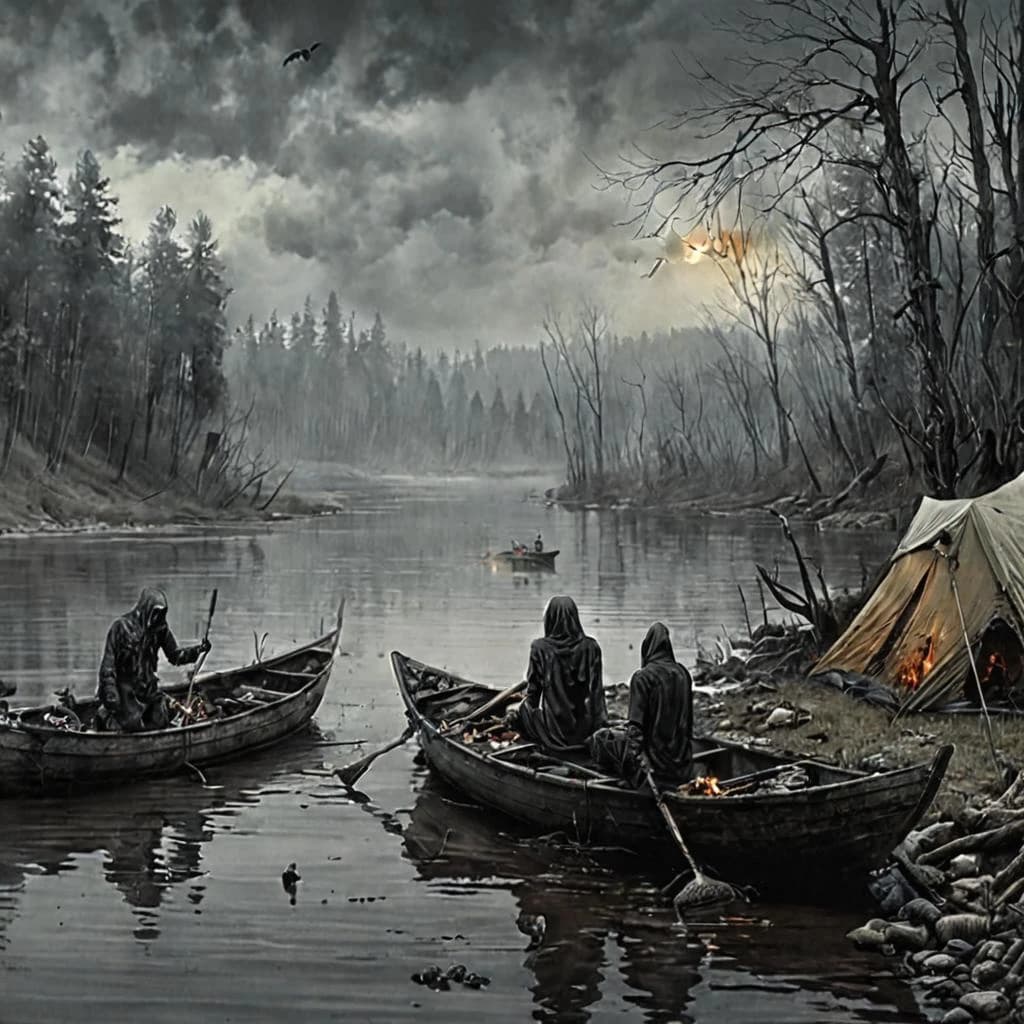 Young people, tourists, relax by the campfire on the river. They play the guitar. A boat and tents are in the background. It's a beautiful drawing. lots of details, realistic, very high quality, watercolor, pencil, ink.. In the style of illustrator Valery Barykin.