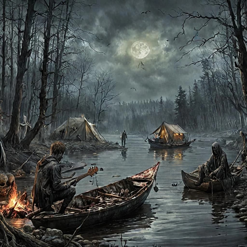 Young people, tourists, relax by the campfire on the river. They play the guitar. A boat and tents are in the background. It's a beautiful drawing. lots of details, realistic, very high quality, watercolor, pencil, ink.. In the style of illustrator Valery Barykin.