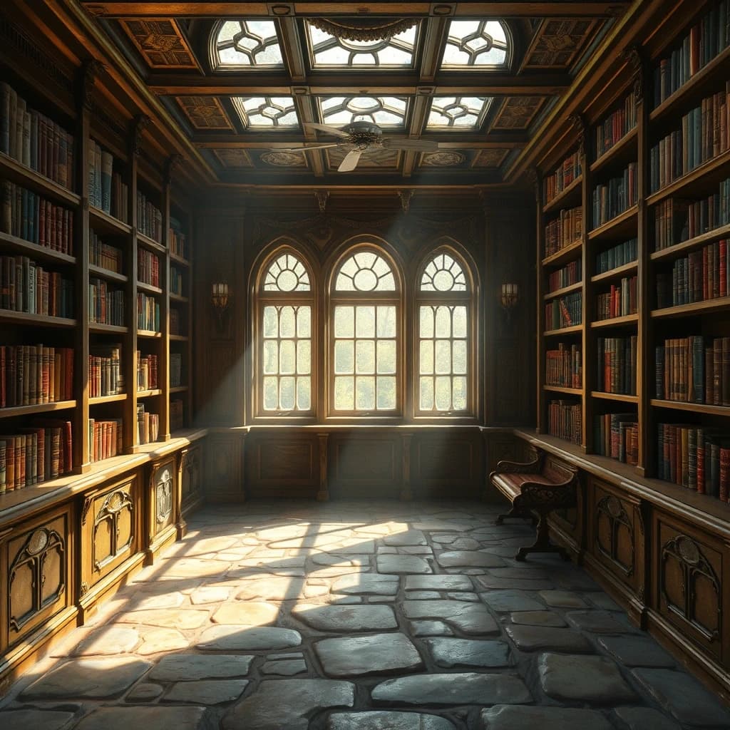 комната мага, стеллажи из книг, по середине каменный пол