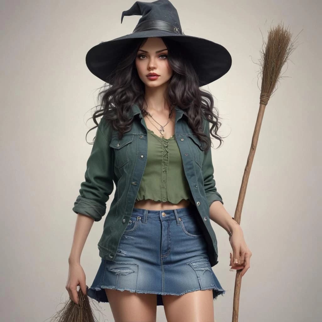 Beautiful three-dimensional drawing. a dark-haired witch with long wavy hair. in a short denim skirt and a denim vest, and in a dark green T-shirt, with graceful full-length forms on a broom white background. in the style of the illustrator Valery Barykin