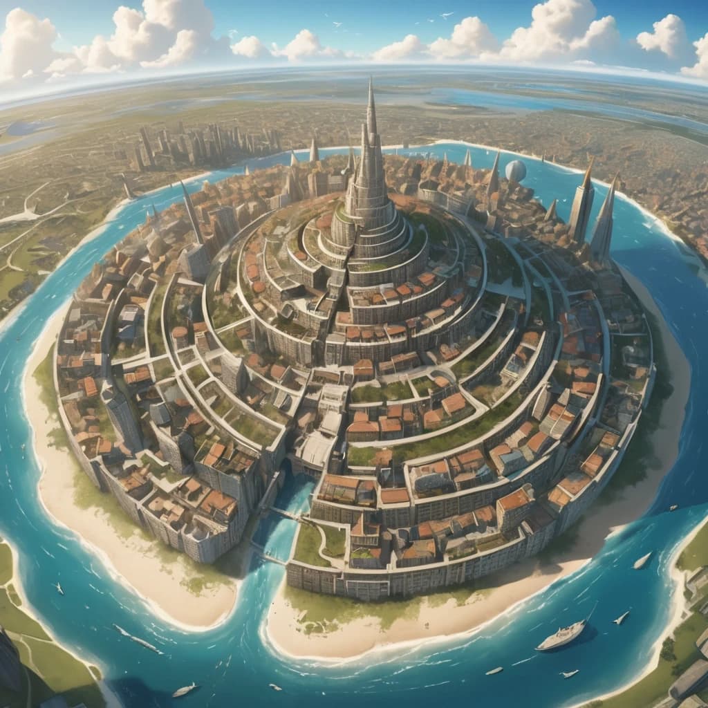 Основная сцена:
A majestic spiral city-island, aerial view, intricate map style. The city is built on a conical mountain, surrounded by a vast, flat sandy coastal plain. The streets form a dense, tangled network, spiraling from the peak down to the fields below.
Похож на Мон-Сен-Мишель. Остров очень высокий, но не широкий.
Описание ярусов (сверху вниз):

Верхний ярус (Пик):
At the very top, a Crown District: a complex of ancient churches, temples, and chapels that resemble a huge, ornate carved crown. Stone architecture, spires.

Средний ярус:
Below it, the Upper City: a picturesque district with elegant houses with stucco decorations and colorful stained glass windows. Stone mansions with courtyards and gardens. Bustling, abundant marketplaces. Universities. Opulent and vibrant.

Нижний ярус (У подножия горы):
At the bottom, the Lower City: a chaotic district of slums with rotten, bald roofs. Ramshackle houses, greasy taverns, slippery fish markets, sooty chapels. The houses descend to the water's edge, where laundresses wash clothes, talk, and sing.

Внешнее кольцо:
Surrounding the city walls: vast expanses of fields, gardens, and peasant huts. A noisy port with ships in docks, sailors, and port workers. A causeway with carts and merchants leads to the city.

Ключевые стили и детали:
Fantasy art, detailed, epic scale, cinematic lighting, vibrant colors in the Upper City, muted and grim colors in the Lower City. By artists like Alan Lee and John Howe.