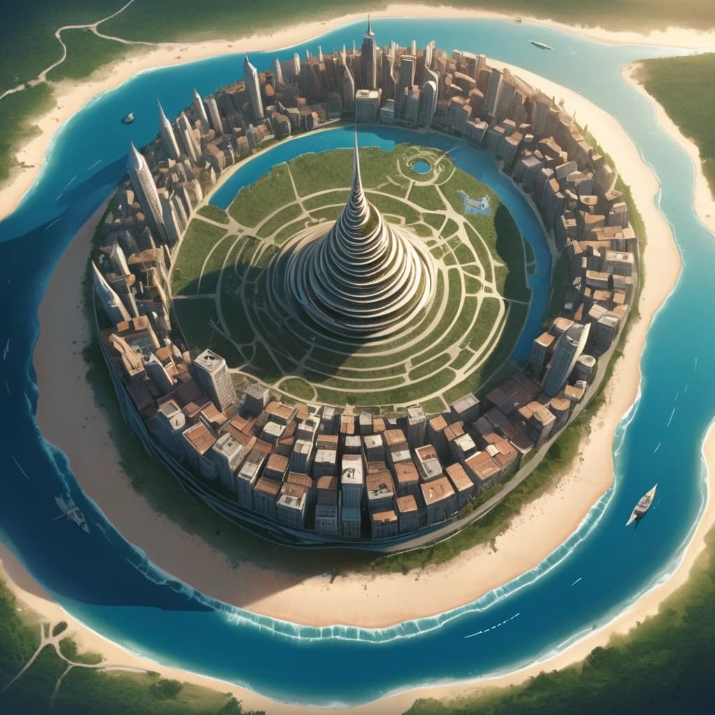 Основная сцена:
A majestic spiral city-island, aerial view, intricate map style. The city is built on a conical mountain, surrounded by a vast, flat sandy coastal plain. The streets form a dense, tangled network, spiraling from the peak down to the fields below.
Похож на Мон-Сен-Мишель. Остров очень высокий, но не широкий.
Описание ярусов (сверху вниз):

Верхний ярус (Пик):
At the very top, a Crown District: a complex of ancient churches, temples, and chapels that resemble a huge, ornate carved crown. Stone architecture, spires.

Средний ярус:
Below it, the Upper City: a picturesque district with elegant houses with stucco decorations and colorful stained glass windows. Stone mansions with courtyards and gardens. Bustling, abundant marketplaces. Universities. Opulent and vibrant.

Нижний ярус (У подножия горы):
At the bottom, the Lower City: a chaotic district of slums with rotten, bald roofs. Ramshackle houses, greasy taverns, slippery fish markets, sooty chapels. The houses descend to the water's edge, where laundresses wash clothes, talk, and sing.

Внешнее кольцо:
Surrounding the city walls: vast expanses of fields, gardens, and peasant huts. A noisy port with ships in docks, sailors, and port workers. A causeway with carts and merchants leads to the city.

Ключевые стили и детали:
Fantasy art, detailed, epic scale, cinematic lighting, vibrant colors in the Upper City, muted and grim colors in the Lower City. By artists like Alan Lee and John Howe.