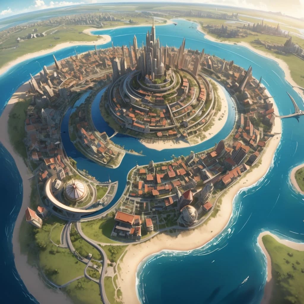 Основная сцена:
A majestic spiral city-island, aerial view, intricate map style. The city is built on a conical mountain, surrounded by a vast, flat sandy coastal plain. The streets form a dense, tangled network, spiraling from the peak down to the fields below.
Похож на Мон-Сен-Мишель. Остров очень высокий, но не широкий.
Описание ярусов (сверху вниз):

Верхний ярус (Пик):
At the very top, a Crown District: a complex of ancient churches, temples, and chapels that resemble a huge, ornate carved crown. Stone architecture, spires.

Средний ярус:
Below it, the Upper City: a picturesque district with elegant houses with stucco decorations and colorful stained glass windows. Stone mansions with courtyards and gardens. Bustling, abundant marketplaces. Universities. Opulent and vibrant.

Нижний ярус (У подножия горы):
At the bottom, the Lower City: a chaotic district of slums with rotten, bald roofs. Ramshackle houses, greasy taverns, slippery fish markets, sooty chapels. The houses descend to the water's edge, where laundresses wash clothes, talk, and sing.

Внешнее кольцо:
Surrounding the city walls: vast expanses of fields, gardens, and peasant huts. A noisy port with ships in docks, sailors, and port workers. A causeway with carts and merchants leads to the city.

Ключевые стили и детали:
Fantasy art, detailed, epic scale, cinematic lighting, vibrant colors in the Upper City, muted and grim colors in the Lower City. By artists like Alan Lee and John Howe.