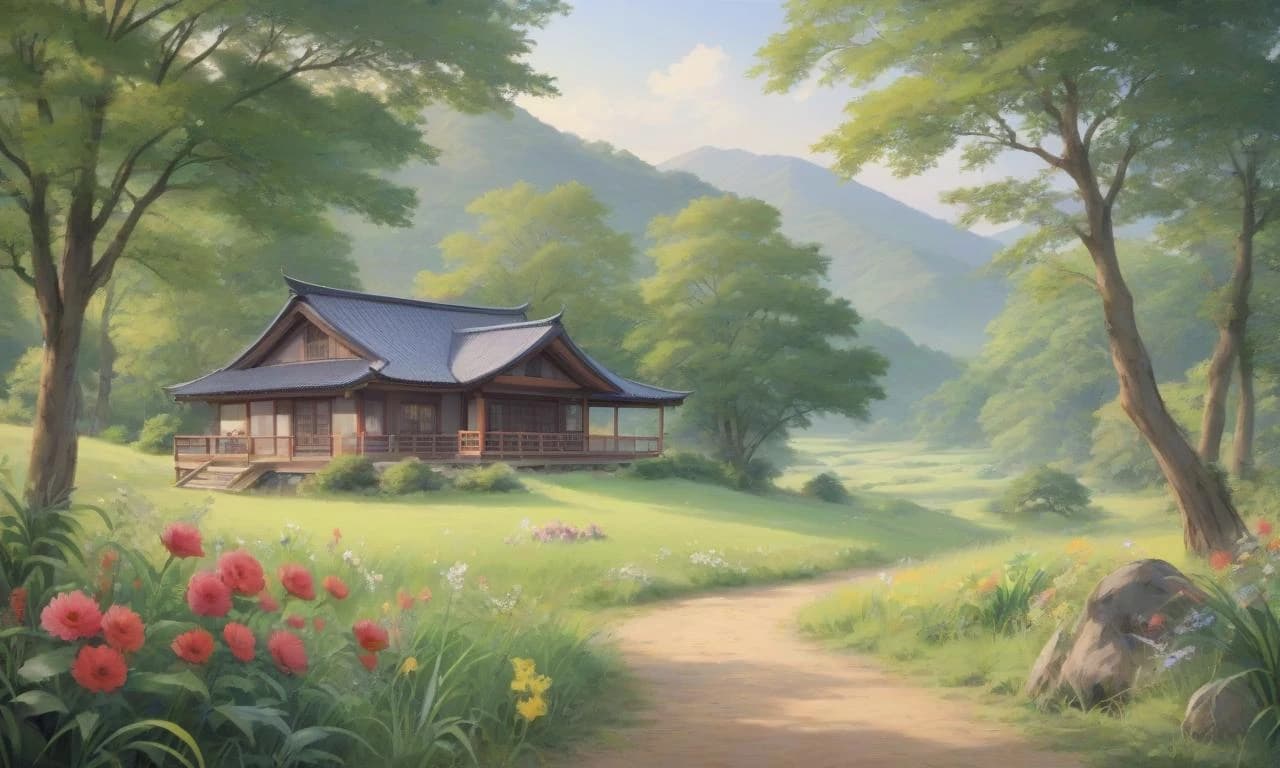 (Anime art:1.5) Early summer, japan country landscape in morning light, fairytale atmosphere