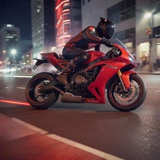 One motorcyclist rides fast in a competition. on the street. the background is blurred. the color is red and black. The image size is 1015*1355 pixels