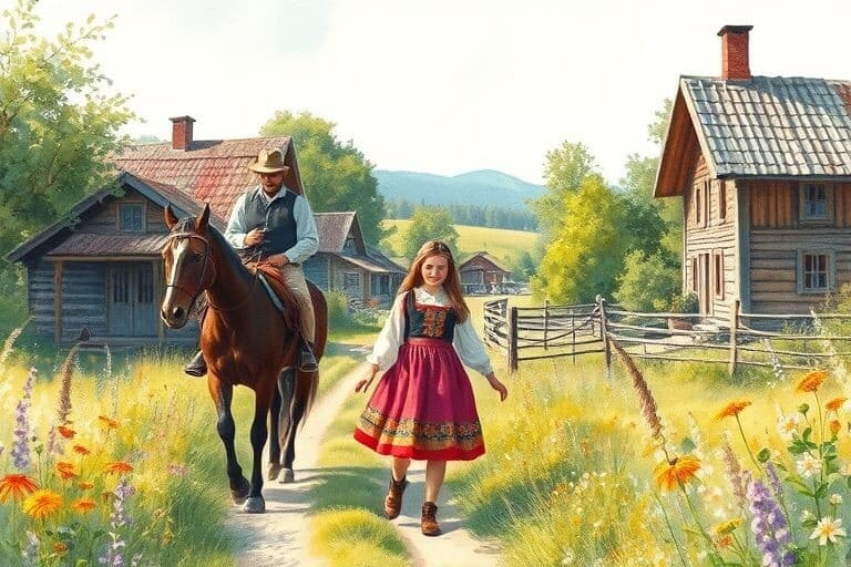 красивая летняя природа России написанная акварелью, русская деревня, девушка в национальном русском наряде идёт с коромыслом