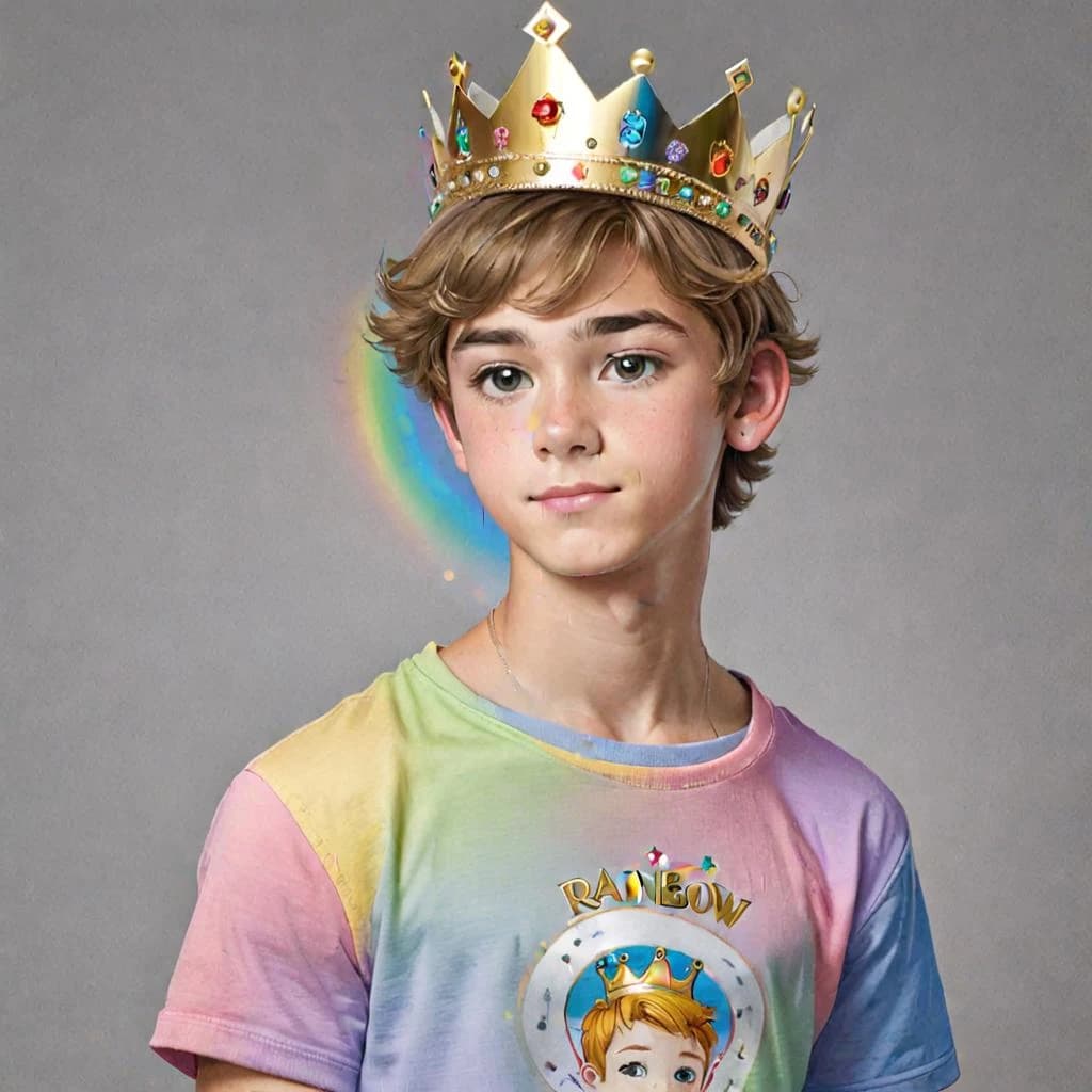 Drawing of a teenage boy with a crown in a rainbow T-shirt