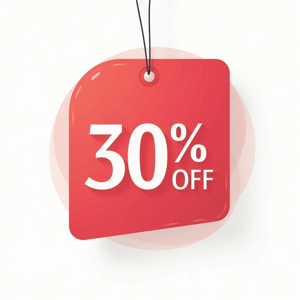 soft, feminine, gentle discount tag in red, white background
