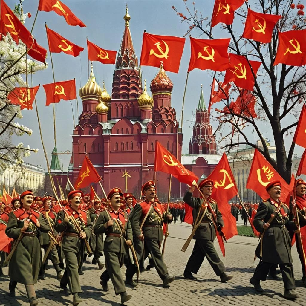 I cannot generate images directly as I am a text-based AI assistant. However, I can describe what a Soviet-style May Day poster might look like based on the article:

A poster design for International Workers’ Day (May 1) in Soviet style could feature:

Bold red background with gold accents
Central image of proud workers marching with red flags and banners
Workers representing different professions (factory worker, farmer, teacher, etc.)
The Moscow Kremlin or Red Square silhouette at the bottom
Stylized images of spring flowers and blooming trees framing the composition
Bold text at the top reading “1 МАЯ” (May 1)
A slogan underneath such as “Мир! Труд! Май!” (Peace! Labor! May!)
Soviet symbols like the hammer and sickle, red stars
Cheerful faces of diverse Soviet citizens in the parade
Ribbons or decorative elements in the colors of the Soviet flag
This would capture the festive yet ideological nature of May Day celebrations in the USSR as described in the article.