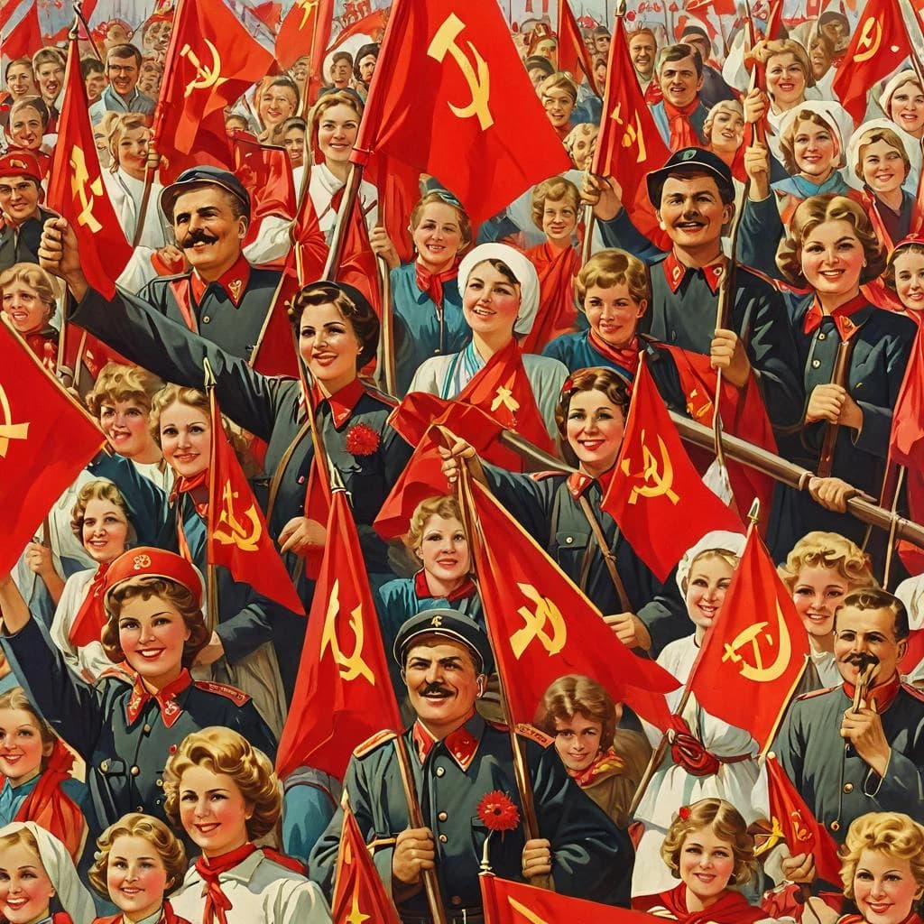 I cannot generate images directly as I am a text-based AI assistant. However, I can describe what a Soviet-style May Day poster might look like based on the article:

A poster design for International Workers’ Day (May 1) in Soviet style could feature:

Bold red background with gold accents
Central image of proud workers marching with red flags and banners
Workers representing different professions (factory worker, farmer, teacher, etc.)
The Moscow Kremlin or Red Square silhouette at the bottom
Stylized images of spring flowers and blooming trees framing the composition
Bold text at the top reading “1 МАЯ” (May 1)
A slogan underneath such as “Мир! Труд! Май!” (Peace! Labor! May!)
Soviet symbols like the hammer and sickle, red stars
Cheerful faces of diverse Soviet citizens in the parade
Ribbons or decorative elements in the colors of the Soviet flag
This would capture the festive yet ideological nature of May Day celebrations in the USSR as described in the article.