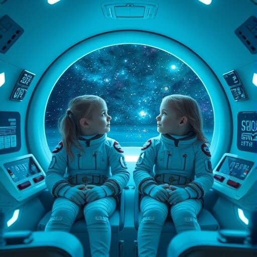 две одинаковые девочки сидят в космическом корабле