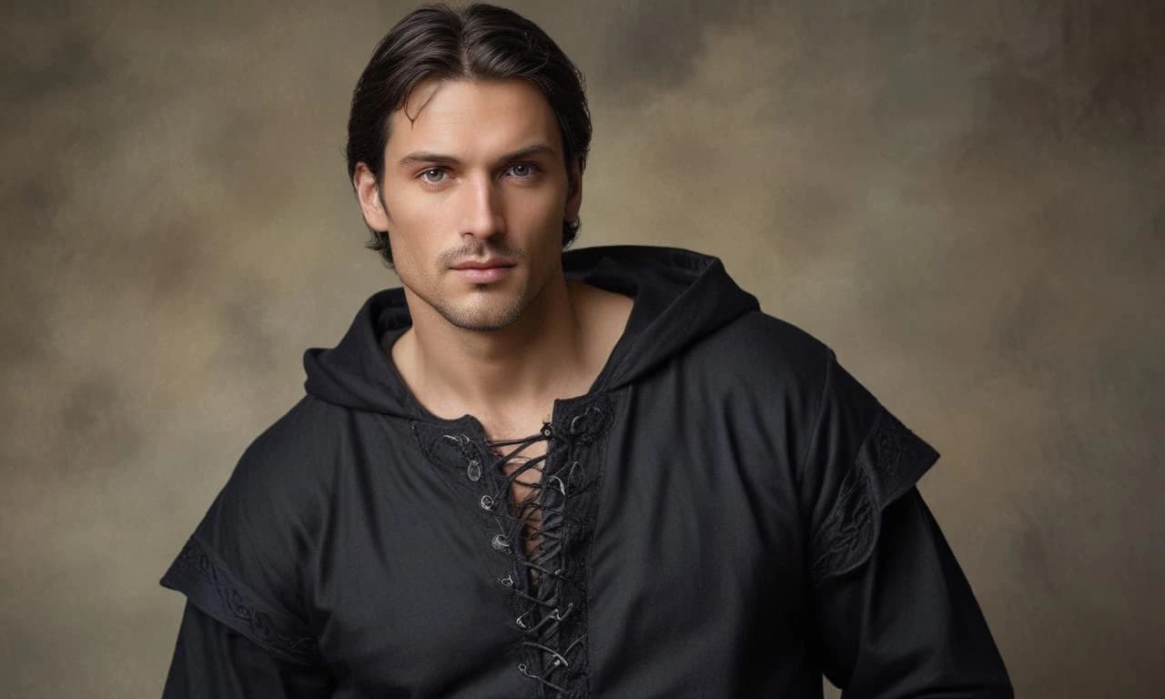 Realistic full-body length photograph of a medieval handsome tall man between the ages of 35 and 40, strong-willed face, dark-haired man with noble gray hair, expressive gray eyes, well defined beautiful lips, good harmonious figure, dressed in a medieval black camisole with black lacing in front and long sleeves and (((hood on his head))), sitting on a black horse and riding along a medieval road with sparse (((pine trees))) on either side. It is raining lightly and the weather is overcast. hyperrealistic, octane rendering, ray tracing, depth of field, super detail, 8K, trends on artstation, artgem.