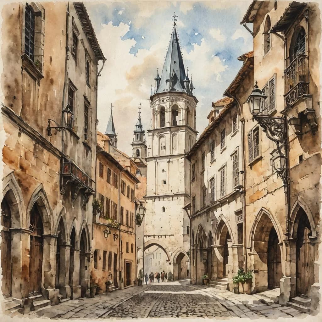 Watercolor in partial shade on old paper, streets of a medieval European city. Monastery, towers, houses. Stylish engraving.