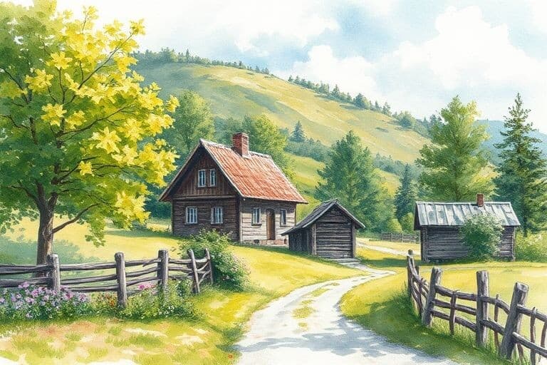 красивая летняя природа России написанная акварелью, русская деревня