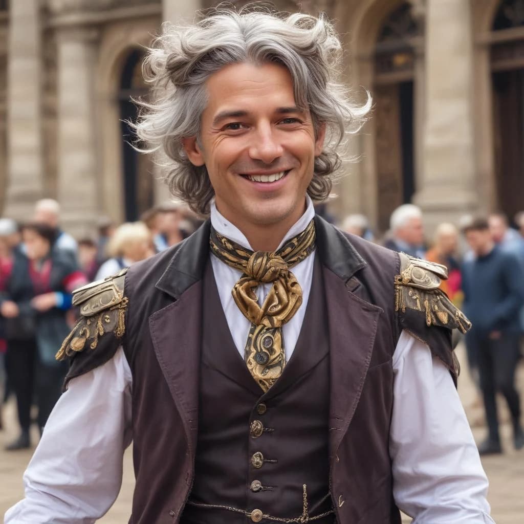 man between the ages of 35 and 40, brunette with noble gray hair at the temples a buffoon, a trickster, with shoulder-length hair, in clownish bright flowing steampunk clothes, jokingly marching energetically, smiling arrogantly looking at the viewer.