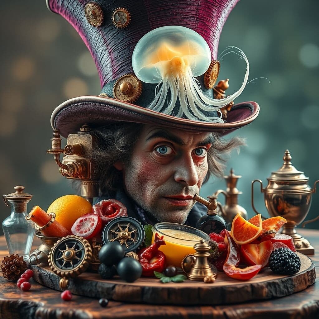 (Masterpiece:.1.8, Oil Painting: 1.5, Ultra Detail:1.5, digital art:1.2). 
(Portrait close-up (the Mad Hatter in the fantastic mad hat)): (gears), (clockwork:1.5), (brass pipes:1.3), (distilling cube:1.4), saucers and miniature (samovars), and (other mechanisms and parts:1.3). (As a plume on the hat a large (glowing with mystical light jellyfish:1.5))).
Bright colours, high resolution. Clearly drawn textures, (paint strokes:1.3).
Style: surrealism, mysticism, dark surrealism.
Magical atmosphere, serenity, elaborate details, hyper-realistic, beautiful, magical, fantasy art, with a fabulously beautiful, mystical feeling of wonder and magic, diffused light, best quality, high resolution. HDR, 16K.