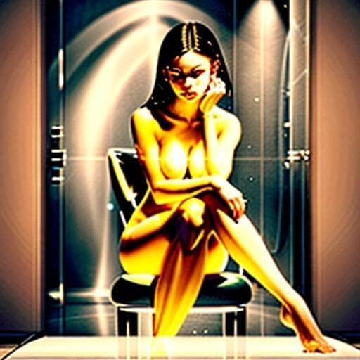 she is sitting on a chair in miror showerroom. curvy and nice young woman tors nodress, legs on two sides