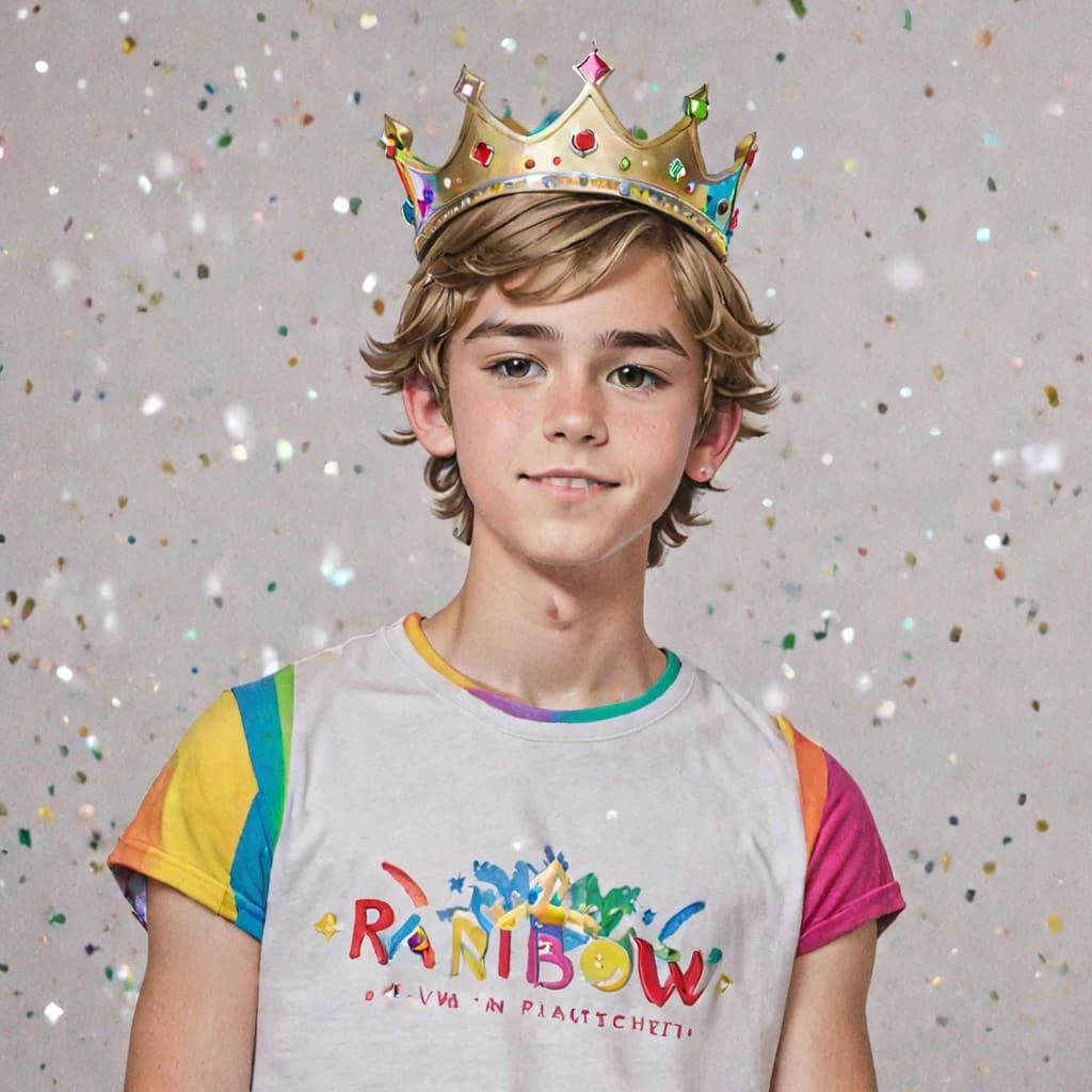 Drawing of a teenage boy with a crown in a rainbow T-shirt