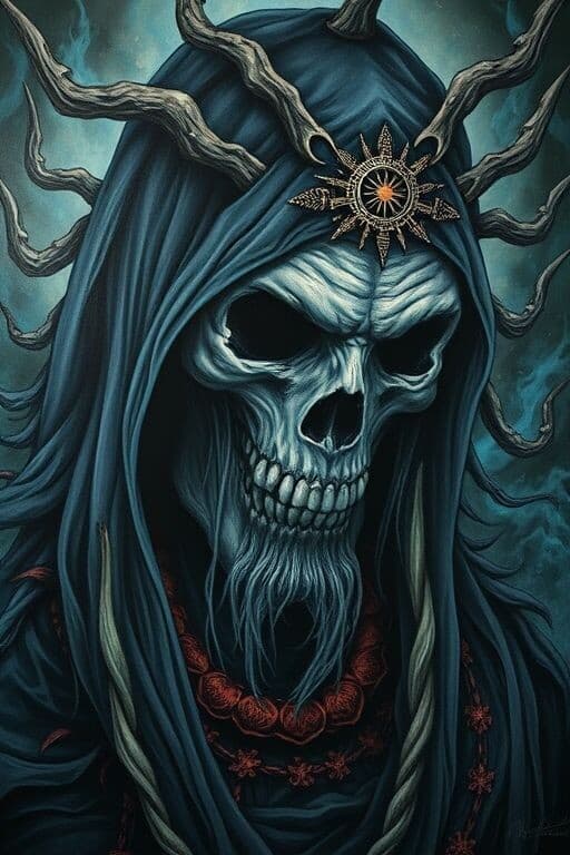 Esoteric art, the mysterious image of a dark shaman: Aesthetics of dark fantasy and psychedelic trance, drawing details, anime technique, dark wave.