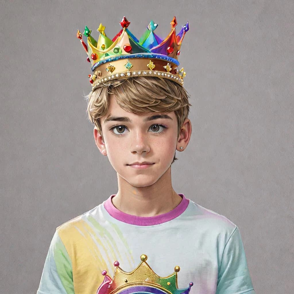 Drawing of a teenage boy with a crown in a rainbow T-shirt