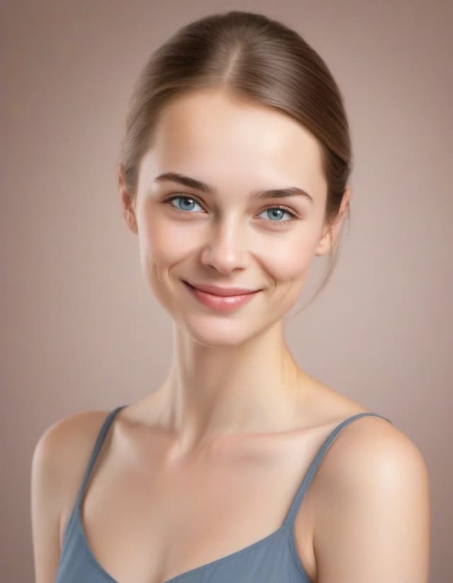 A photorealistic portrait of a beautiful young adult Russian woman, about 22 years old, Eastern European appearance. Aristocratic, elegant, refined, composed, naturally beautiful, completely bald. Oval face, high forehead, graceful cheekbones, balanced jawline, small rounded chin, expressive gray-blue eyes, natural light brown eyebrows, natural pink-beige lips with smile, clean healthy skin, subtle facial structure, long-necked elegance, understated luxury, no recognizable resemblance to any specific real person. White top, minimal natural makeup, soft studio lighting, light gray seamless background, neutral white balance, realistic skin texture, high detail, calm confident expression, premium editorial portrait photography.