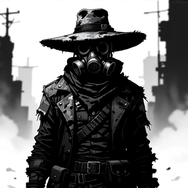 A tall, broad-shouldered male trader in a post-apocalyptic wasteland, wearing a patchwork of tattered, layered clothing that hides his entire body, his face obscured by a menacing respirator gas mask with tubes, wearing a wide-brimmed hat that resembles a large disc on his head, black and white ink illustration, detailed line art with cross-hatching and stippling, high contrast monochrome, cinematic composition, dramatic shadows, sharp focus, post-apocalyptic trader character design, textured paper feel