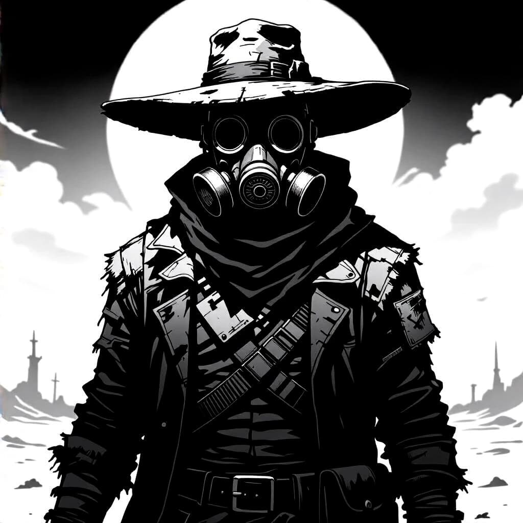 A tall, broad-shouldered male trader in a post-apocalyptic wasteland, wearing a patchwork of tattered, layered clothing that hides his entire body, his face obscured by a menacing respirator gas mask with tubes, wearing a wide-brimmed hat that resembles a large disc on his head, black and white ink illustration, detailed line art with cross-hatching and stippling, high contrast monochrome, cinematic composition, dramatic shadows, sharp focus, post-apocalyptic trader character design, textured paper feel
