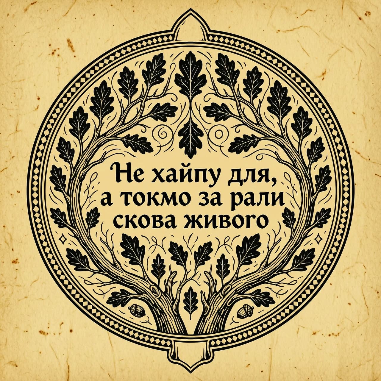 Логотип для блога. Текст в центре: "Не хайпу для, а токмо за ради слова живого". Текст написан старославянской вязью или каллиграфическим шрифтом, расположен по кругу или в две строки. Вокруг текста — орнамент в стиле древнерусской гравюры: ветви дуба, переплетающиеся с чернильными линиями и старинными завитками. Фон — фактура крафтовой бумаги или пергамента. Цвета: только черный и белый (охра для фона). Стиль — строгая гравюра на дереве, резкие линии, никаких бликов и градиентов.
Важное условие: На изображении должен быть ТОЛЬКО указанный выше текст. Запрещено добавлять любые другие надписи, цифры, подписи, английские слова, посторонние буквы или символы. Никакого текста, кроме фразы "Не хайпу для, а токмо за ради слова живого".