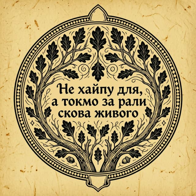 Логотип для блога. Текст в центре: "Не хайпу для, а токмо за ради слова живого". Текст написан старославянской вязью или каллиграфическим шрифтом, расположен по кругу или в две строки. Вокруг текста — орнамент в стиле древнерусской гравюры: ветви дуба, переплетающиеся с чернильными линиями и старинными завитками. Фон — фактура крафтовой бумаги или пергамента. Цвета: только черный и белый (охра для фона). Стиль — строгая гравюра на дереве, резкие линии, никаких бликов и градиентов.
Важное условие: На изображении должен быть ТОЛЬКО указанный выше текст. Запрещено добавлять любые другие надписи, цифры, подписи, английские слова, посторонние буквы или символы. Никакого текста, кроме фразы "Не хайпу для, а токмо за ради слова живого".