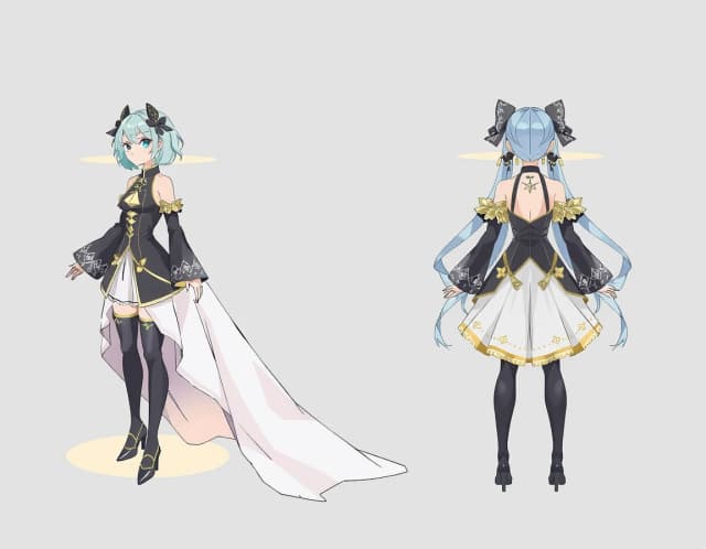 character sheet, front view, back view, side view, general view. Grey background, anime Neptunia, beach