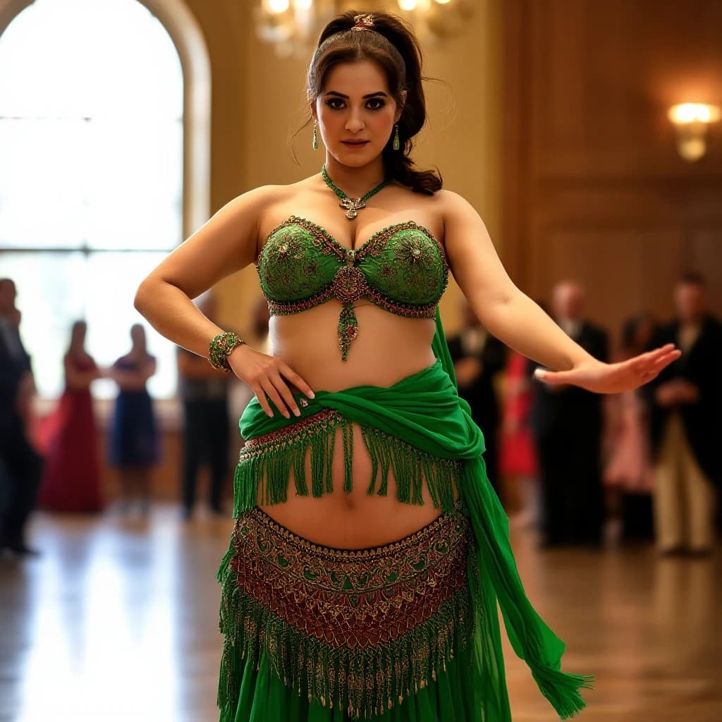 front view chubby belly dancer fifty years woman in green costume brown short ponytail hair stand in hall
