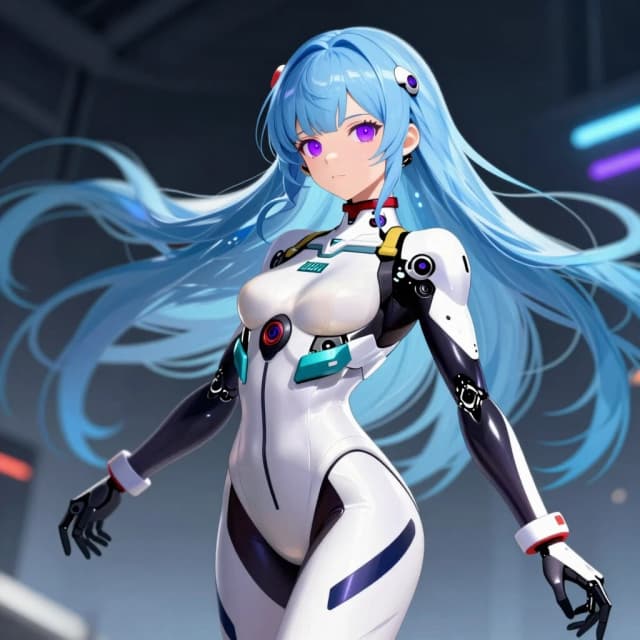 lacia beatless, beatless, 1girl, solo, android, long light blue hair, purple eyes, blunt bangs, mechanical parts, white and black bodysuit, dynamic pose, looking at viewer, masterpiece, high quality anime, cyberpunk smartphone wallpaper