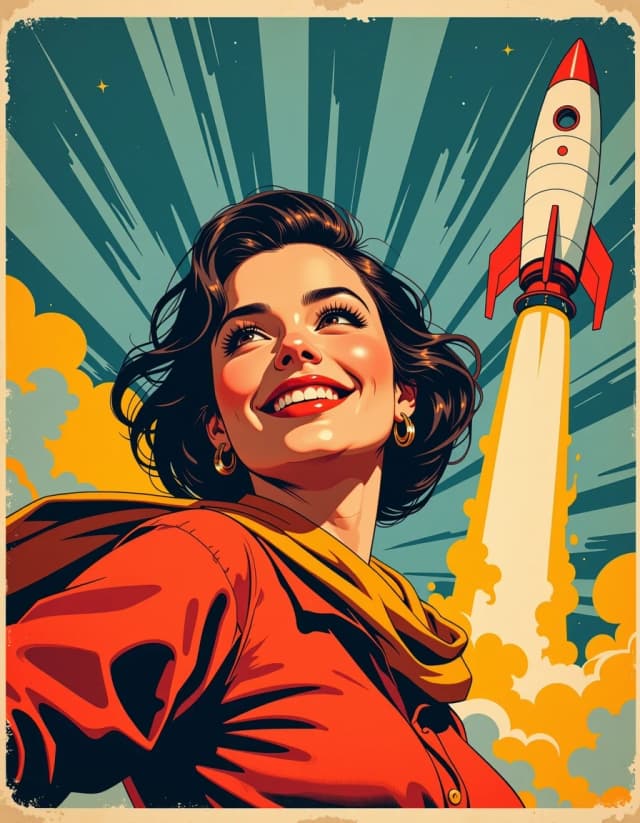 A masterpiece,  in the style of the 1980s, with bold lines, dynamic strokes and rich textures, on background with a touch of nostalgia, perhaps with subtle drawings inspired by cellulose and vintage, worn textures similar to paper, oil painting,  Heroic mid-century propaganda poster of a smiling young woman in three-quarter view looking up and slightly to the left as a sleek rocket blasts off behind her, dramatic low-angle composition, chest-up portrait, dynamic diagonal movement from lower right to upper left. Bold limited color palette: saturated reds, oranges and yellows for face, scarf and rocket exhaust, contrasting teal-blue sky accents. Strong graphic shapes, flat posterized shading, thick ink outlines, slight halftone grain and screenprint texture on aged paper, subtle ink bleed. Radiating sunburst rays and stylized smoke plumes emphasize ascent. Confident, optimistic expression, wind-swept hair, flowing scarf, crisp retro typography placeholder space at bottom. High-contrast lighting with warm rim highlights, vintage 1950s constructivist/propaganda aesthetic, print-ready vector-friendly composition, clean negative space, cinematic scale and heroic mood. celshading, simple background