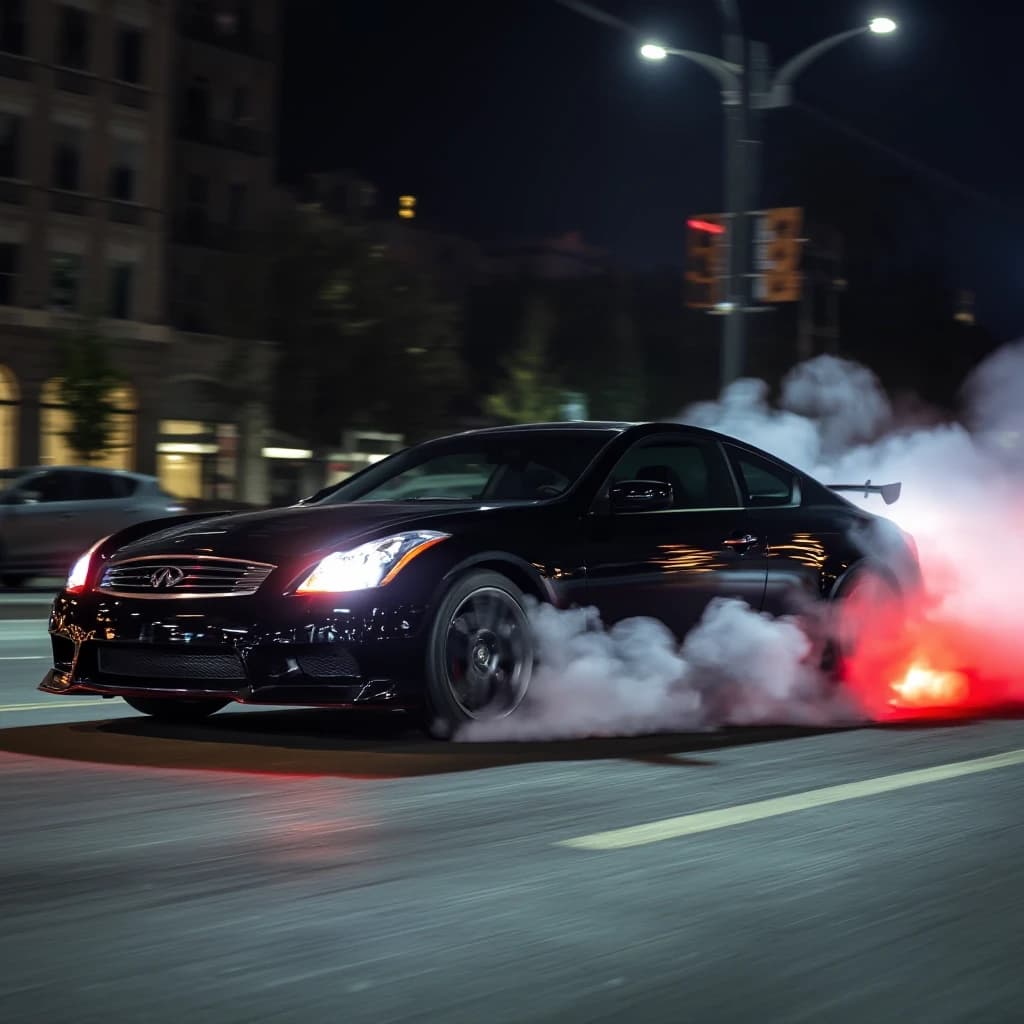 Infinity g35 делает бернаут на главной улице в ночном городе, тормоза раскалились, из колес идет дым