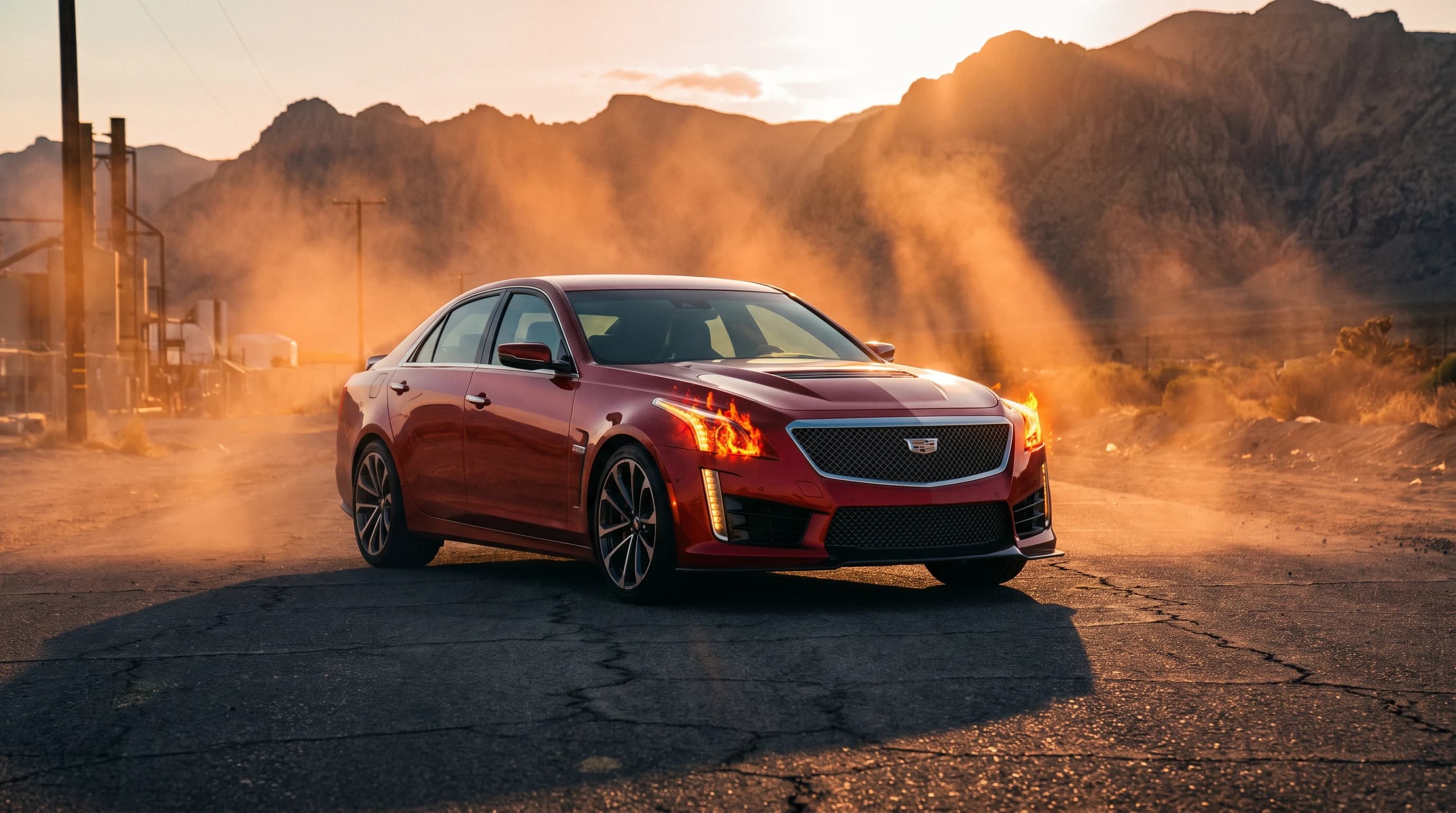Cadillac CTS, красный окрас, стоит на асфальте, эпичный ракурс, оранжевые лучи, горящие фары, кинематографичная съёмка, шедевр