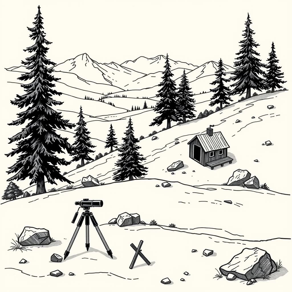 A black and white landscape illustration in the art style of Stanford Pines’ journal from Gravity Falls: sketchy ink lines with light cross‑hatching, like pen drawing on aged paper, no color. Show a forested hillside near Gravity Falls: a gentle slope with coniferous trees and a small clearing where a future wooden cabin and secret laboratory will be built. From this clearing there is a clear view of a forested valley and a distant lake below, with mountains on the horizon. No building yet, only simple stakes, rough outline lines on the ground, or a few wooden markers indicating the planned foundation. Composition: the empty building site in the foreground, valley and lake in the middle distance, mountains in the background. Add a few subtle scientific details like a tripod with an instrument or a notebook on a rock to show that a researcher is surveying the area. Mood: calm, slightly mysterious, isolated, perfect for research. No characters, no text, no logos, just the landscape and the hinted construction site, in Ford’s journal illustration style.
