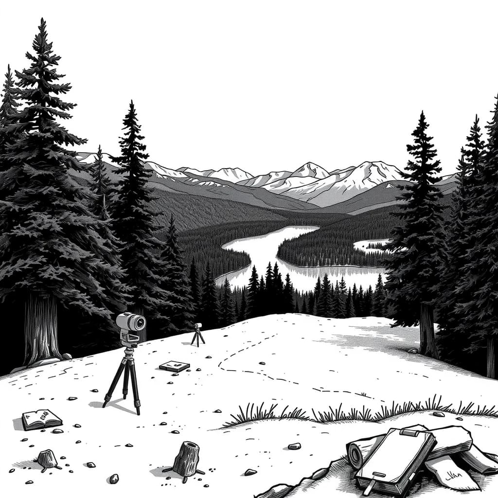 A black and white landscape illustration in the art style of Stanford Pines’ journal from Gravity Falls: sketchy ink lines with light cross‑hatching, like pen drawing on aged paper, no color. Show a forested hillside near Gravity Falls: a gentle slope with coniferous trees and a small clearing where a future wooden cabin and secret laboratory will be built. From this clearing there is a clear view of a forested valley and a distant lake below, with mountains on the horizon. No building yet, only simple stakes, rough outline lines on the ground, or a few wooden markers indicating the planned foundation. Composition: the empty building site in the foreground, valley and lake in the middle distance, mountains in the background. Add a few subtle scientific details like a tripod with an instrument or a notebook on a rock to show that a researcher is surveying the area. Mood: calm, slightly mysterious, isolated, perfect for research. No characters, no text, no logos, just the landscape and the hinted construction site, in Ford’s journal illustration style.