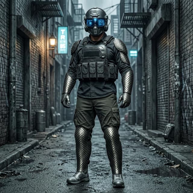 A full-body concept art of a sci-fi military operative standing in a dark cyberpunk alley. He is wearing a realistic loose dark tactical combat shirt and loose military combat pants. Over the shirt, he wears a heavy tactical ballistic plate carrier armor with a detailed chest rig and mag pouches. His head is enclosed in a high-tech helmet combining an Ops-Core ballistic frame with a glossy black motorcycle visor showing a blue holographic HUD. Symmetrically, both arms are completely covered from shoulders to fingertips in an integrated armor sleeve made of dark, micro-segmented matte carbon fiber dragon scales that seamlessly form the articulated gauntlets and fingers. Over his combat pants, his legs from hips down to the shins are reinforced with heavy, much larger and bolder matte dragon-scale plate armor guards. On his feet, he wears lightweight high-tech futuristic combat boots. Loose clothing under tactical armor, zero gloss, completely matte light-absorbing textures, professional mercenary, photorealistic, intricate cybernetic details, cinematic lighting --ar 3:4