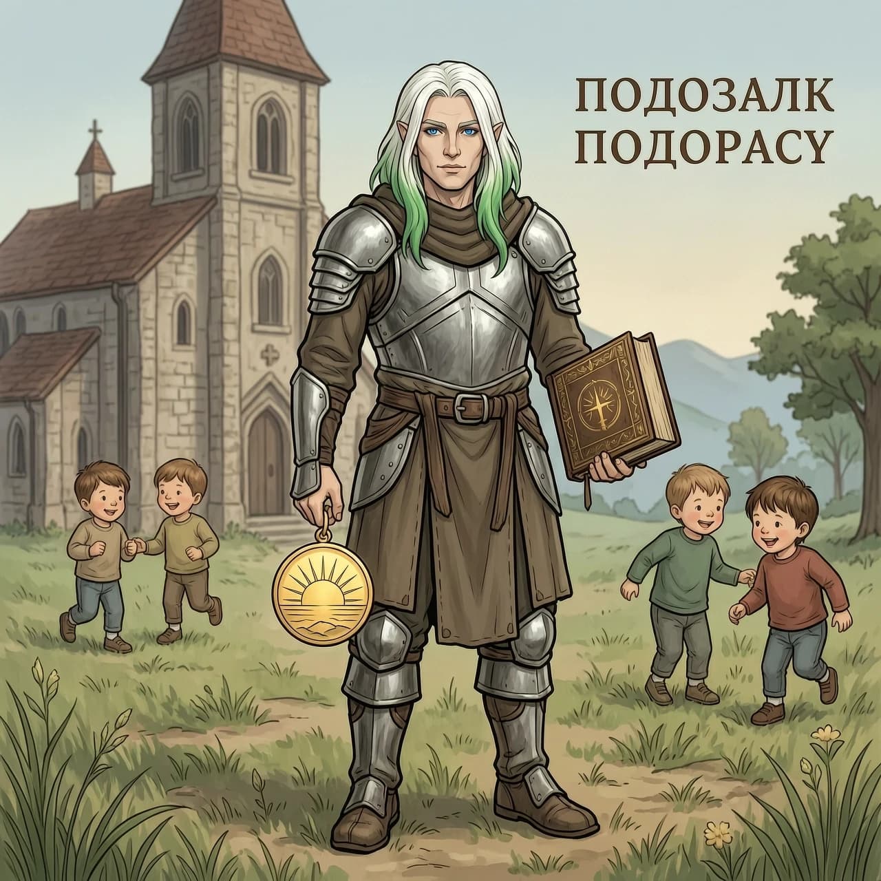 Нарисуй арт персонажа для ДнД. Это Полуэльф с белыми волосами, а кончики волос окрашены в зеленоватый цвет. Глаза цвета сапфира. Одет в одежду жреца, не слишком торжественно, больше похожа на походную короткую монашескую броню, на ногах походные ботинки. В левой руке держит символ своей религии позолоченный медальон с символом своей веры - восходящего над горизонтом солнца. А в правой руке книгу со священными писаниями. На заднем фоне стоит средневековая церковь и бегают дети.